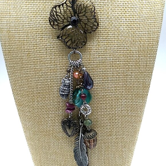 M&S Long Boho Charm Necklace Mixed Metals Colorful Beads Nature-Inspired Dangles - Picture 10 of 16
